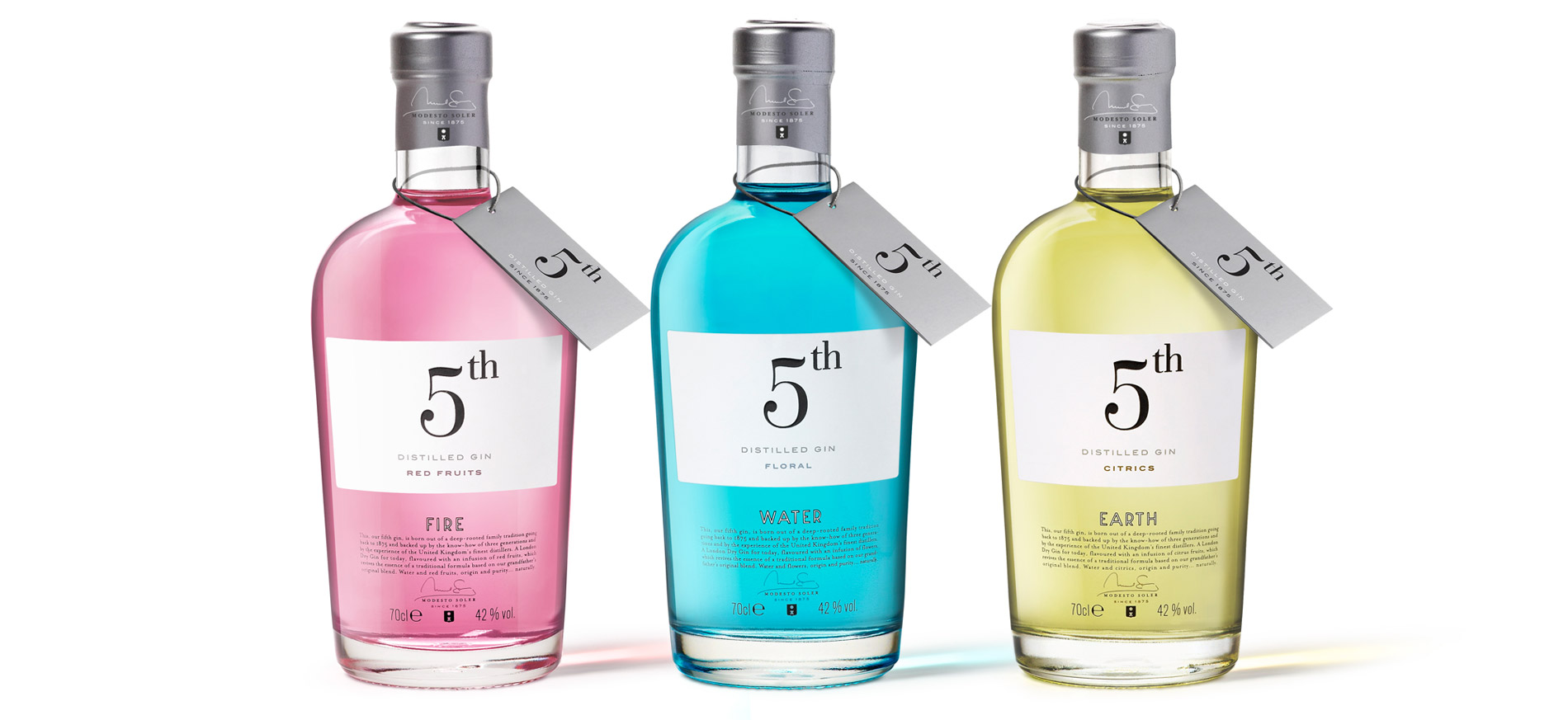 Diseño del Packaging de New 5th Gin de Destilerias del Maresme por Puigdemont Roca Design Agency