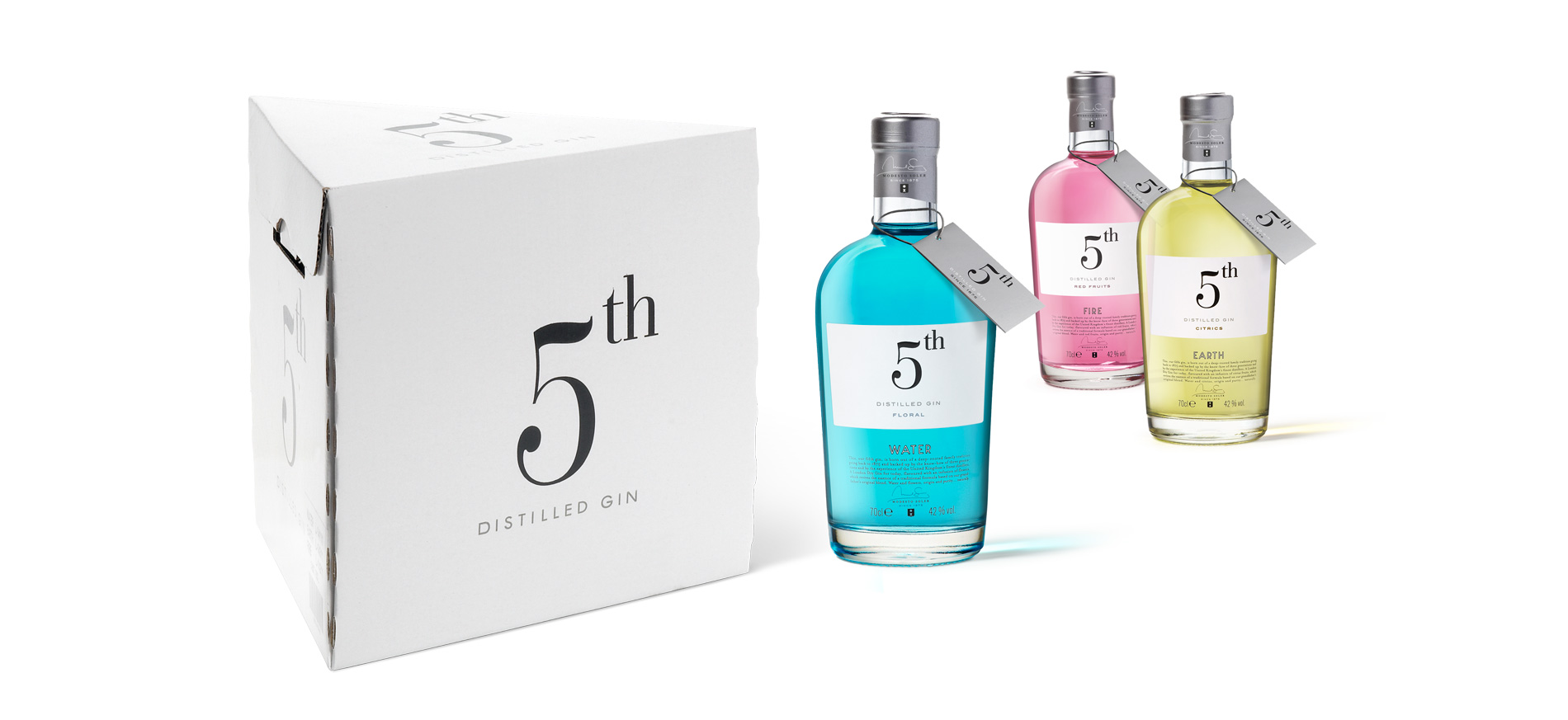 Diseño del Packaging de New 5th Gin de Destilerias del Maresme por Puigdemont Roca Design Agency